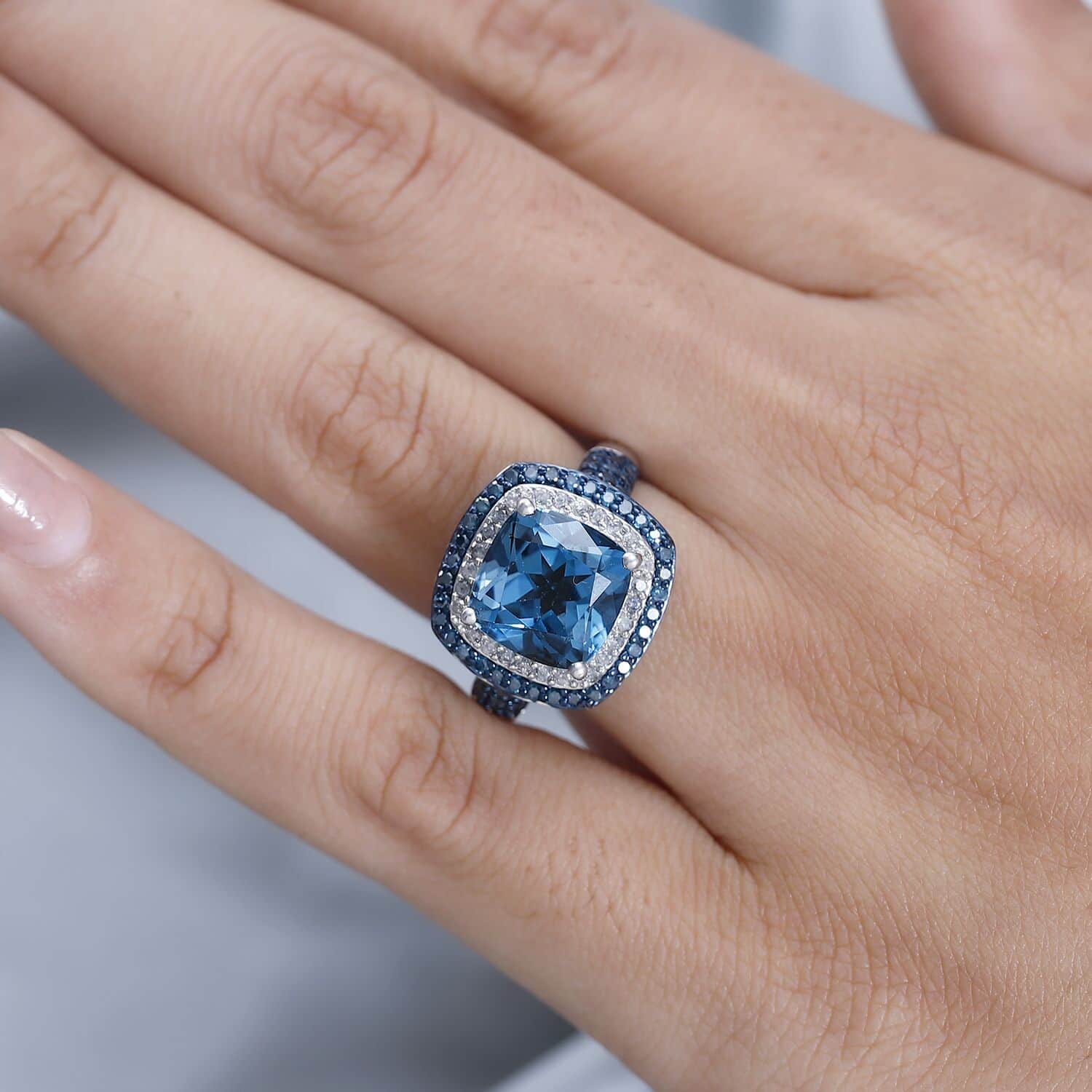 Blue Topaz Blue Diamond Cushion 925 Sterling Silver Platinum Plated Cocktail Ring Size 9 K746