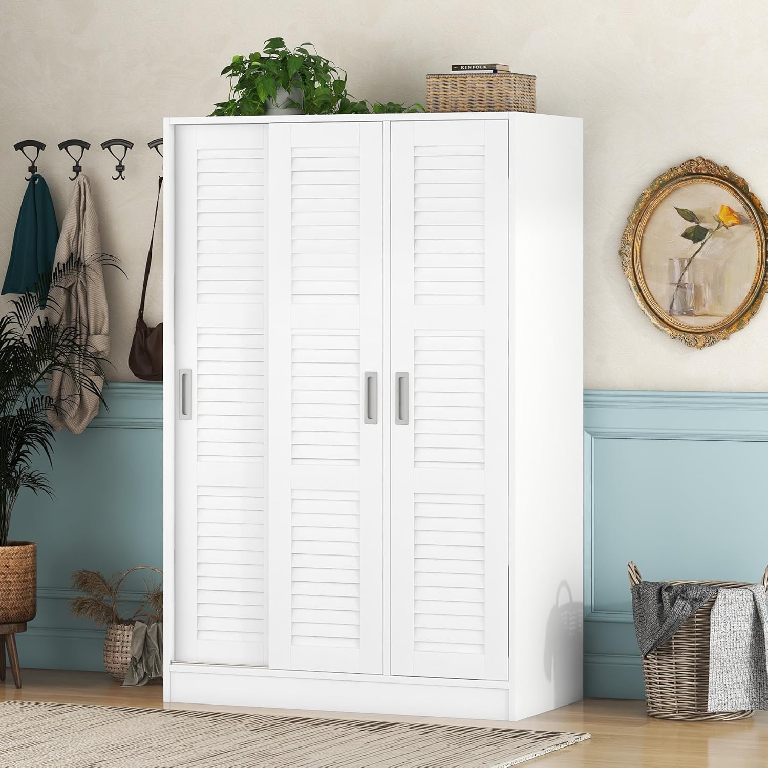 White 3 Doors Wood Wardrobe with Storage Shelves and Hanging Rail Z60478