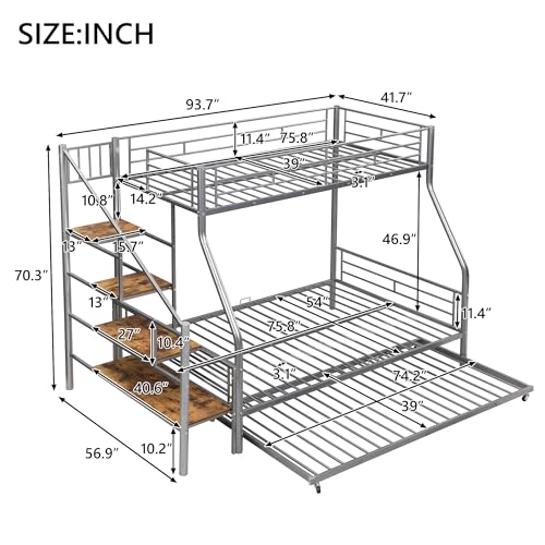 Silver Metal Twin Over Full Bunk Bed with Trundle and Stairs A1578