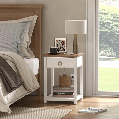 White Solid Wood Square End Table with Drawer A60423
