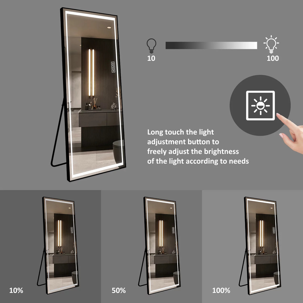 65"X22" Black LED Aluminum Floor Mirror Z300