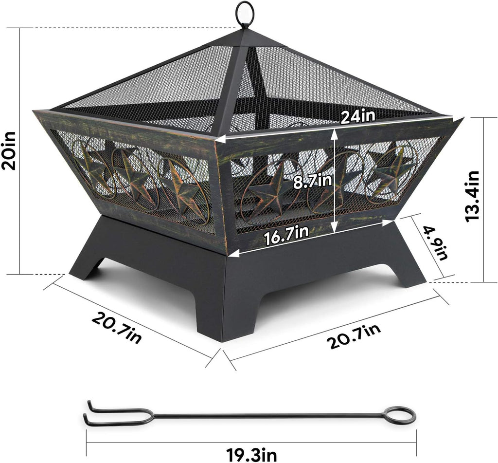 Fire Pit Outdoor Wood Burning 24in with Spark Screen Mesh Lid Bronze C1471