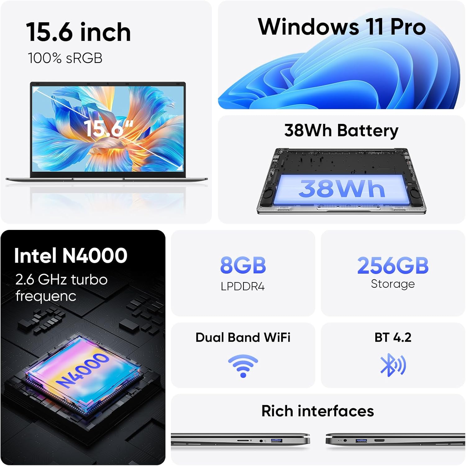 15.6" Windows 11 Pro Laptop, 8GB RAM 256GB Storage, Intel Celeron N4000, Silver P4092