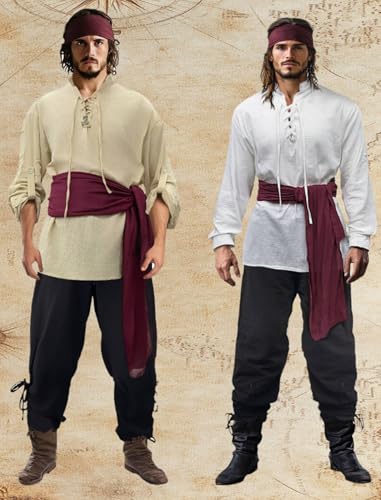 Khaki Large Mens Pirate Costume Outfit With Pants Shirts Sash Accessories O533