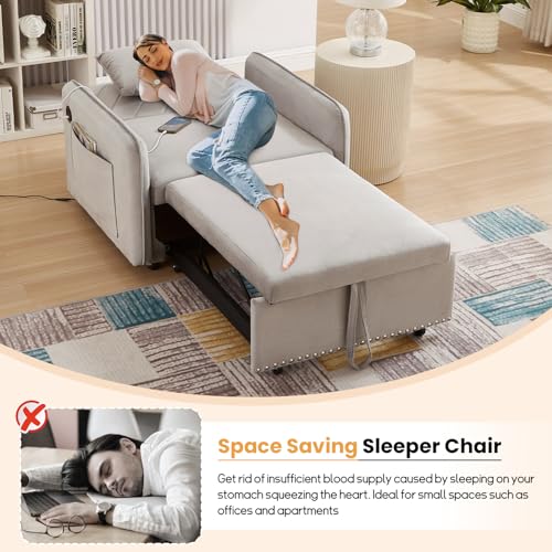 Black Velvet Convertible Sofa Bed Chair with USB Ports S47089