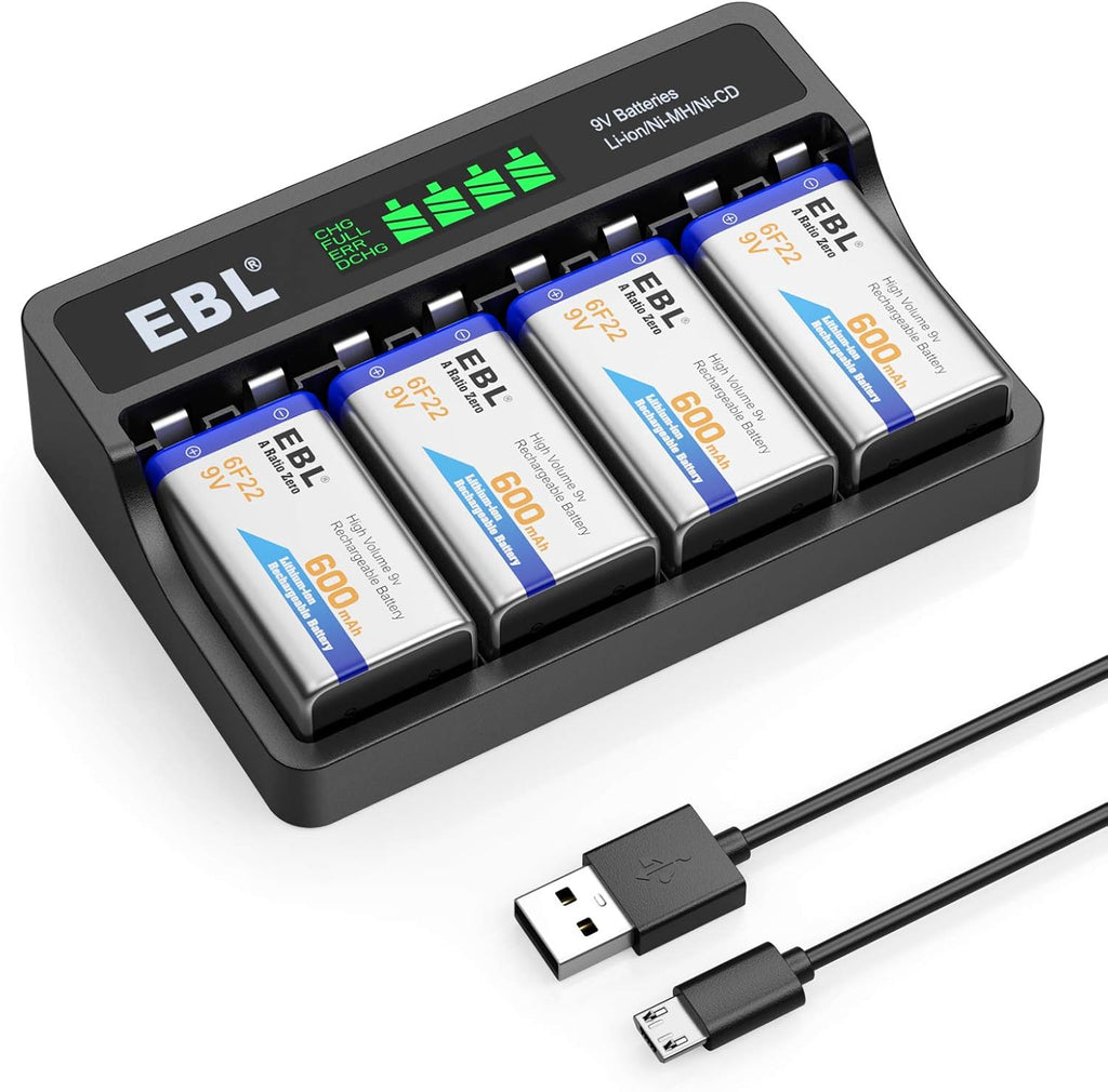 9V Li-ion Rechargeable Batteries 600mAh 4-Pack with LCD Smart Battery Charger E22542