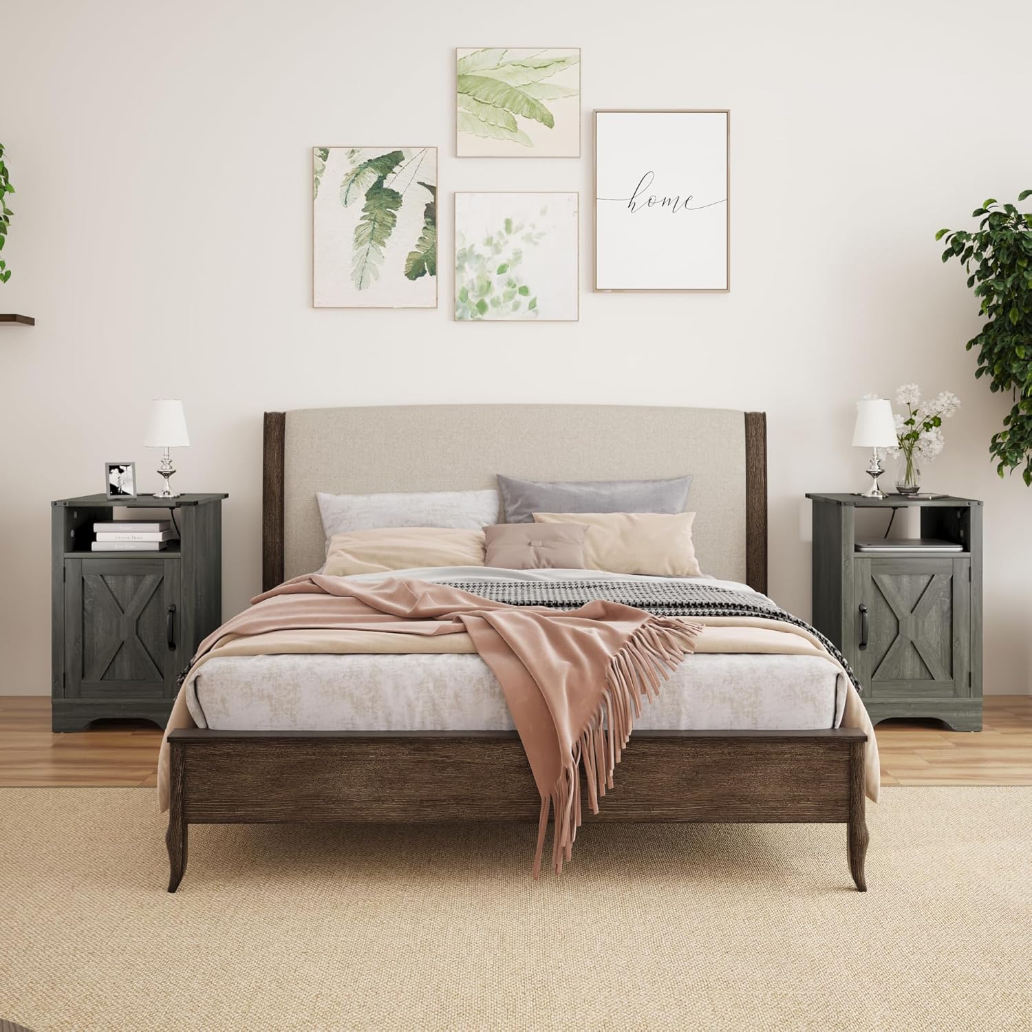 Dark Gray Wooden Nightstand with Electrical Outlets Charging Station (2 Sets) G86069