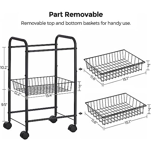 Black 3-Tier Metal Rolling Cart with Baskets and Lockable Handles K867