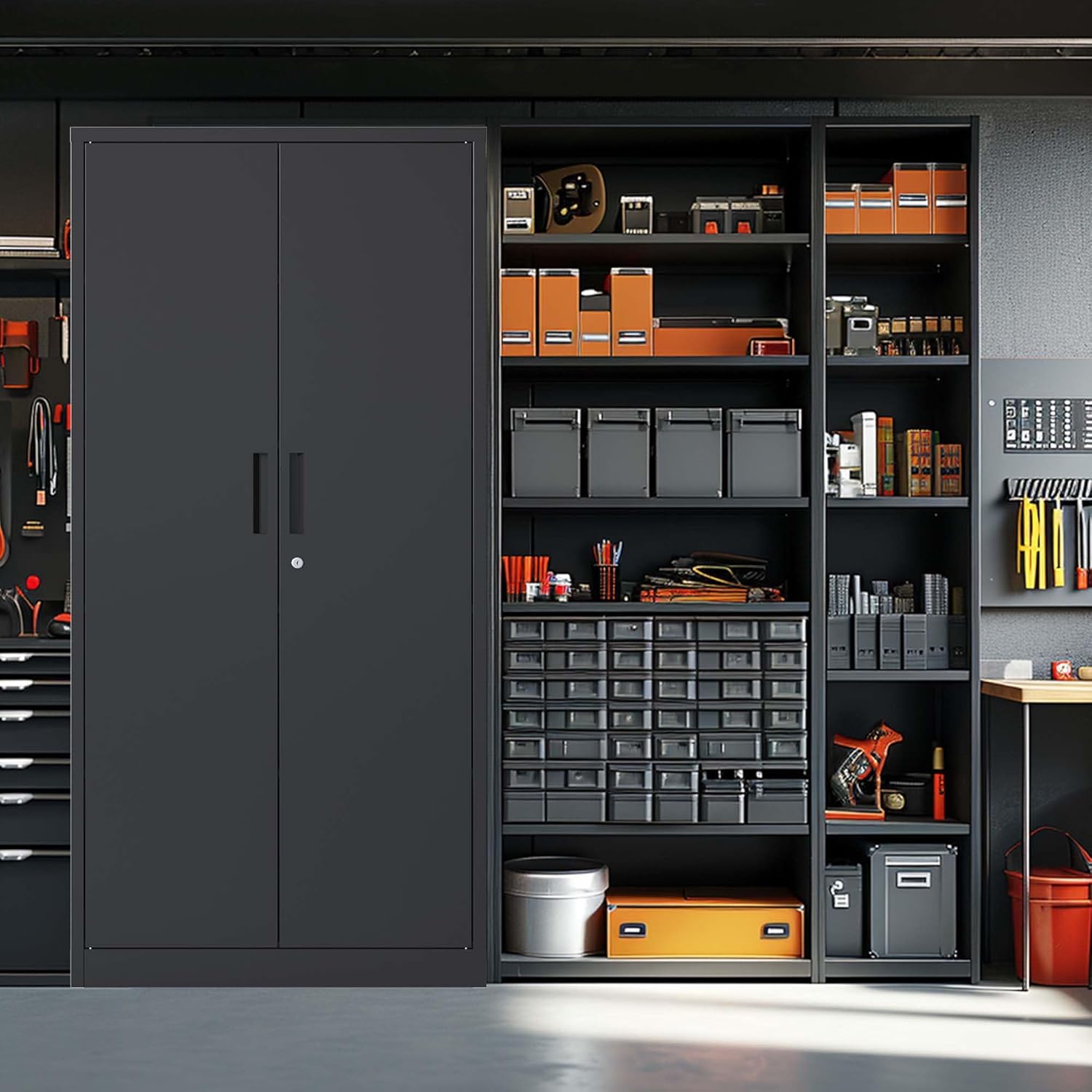 71" H Metal Garage Storage Cabinet with Doors and 4 Shelves L390