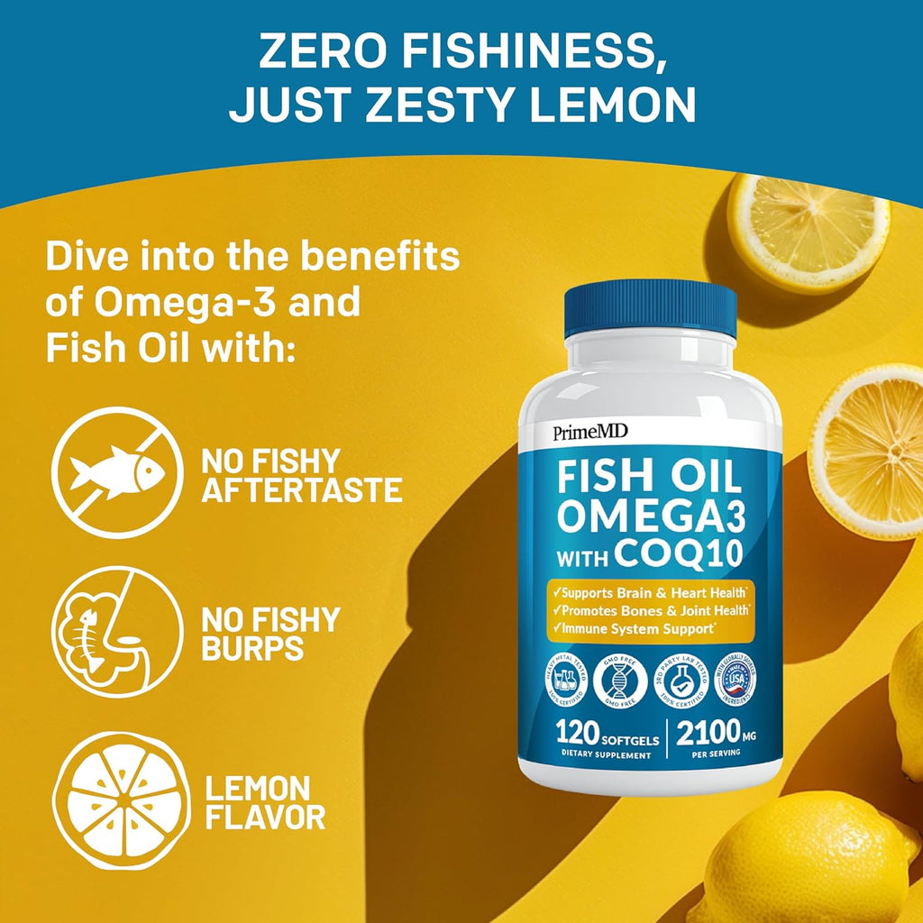 2100mg Omega 3 Fish Oil Supplements with Vitamins D3 & K2 and CoQ10 (120ct) Q12323