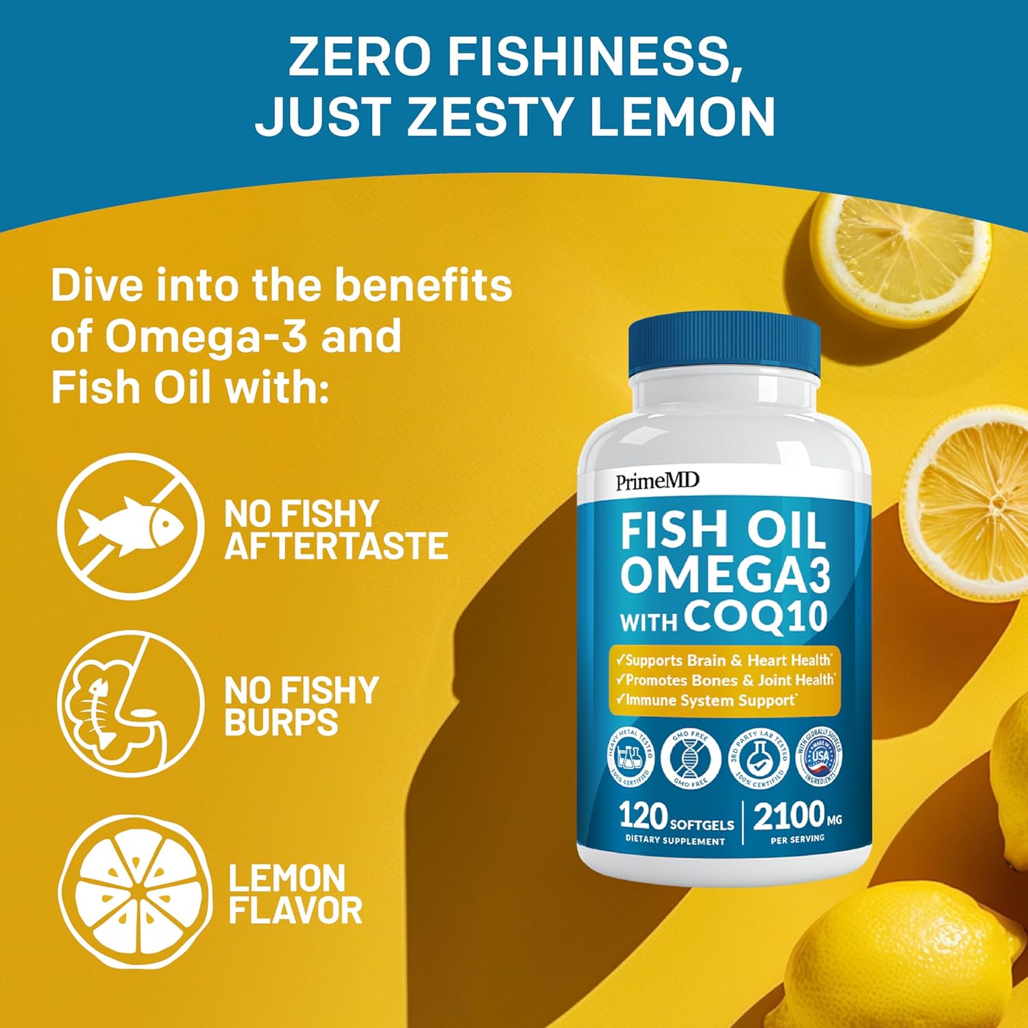 2100mg Omega 3 Fish Oil Supplements with Vitamins D3 & K2 and CoQ10 (120ct) Q12323