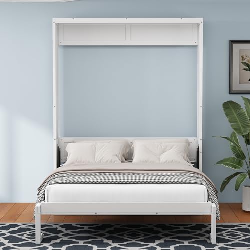 Queen Murphy Bed with 2 Side Cabinet Storage Shelf, Metal Frame, Brown D91055