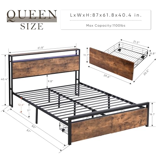 Black Queen Storage Headboard with 2 Drawers Platform Bed D205