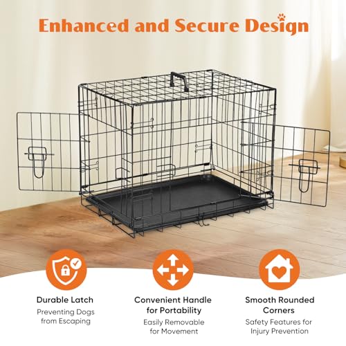 Large 36 Inch Double Door Folding Metal Wire Dog Crate with Divider Panel and Plastic Leak-Proof Pan Tray P323