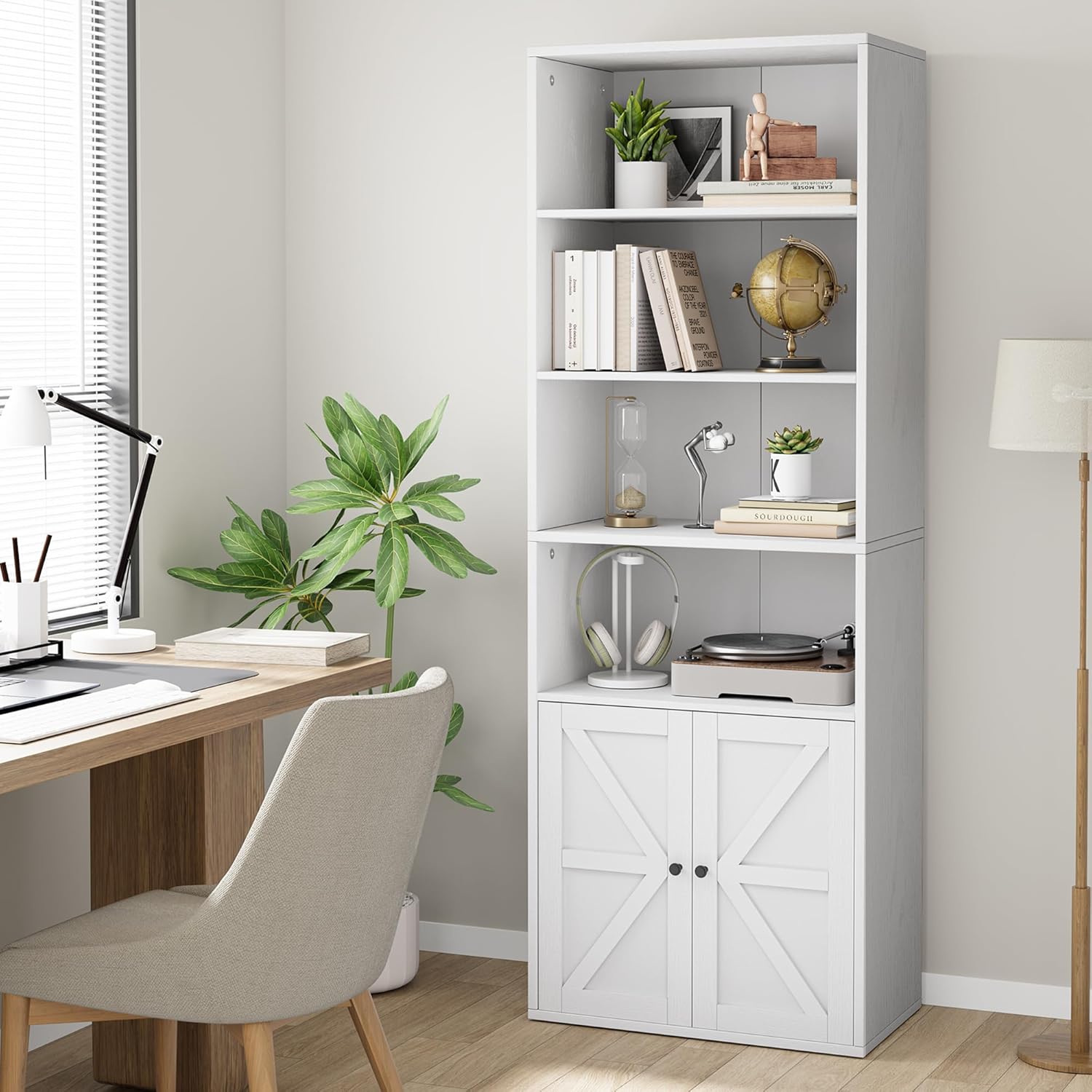 White 6 Shelf Wooden Bookcase with Doors Q8169