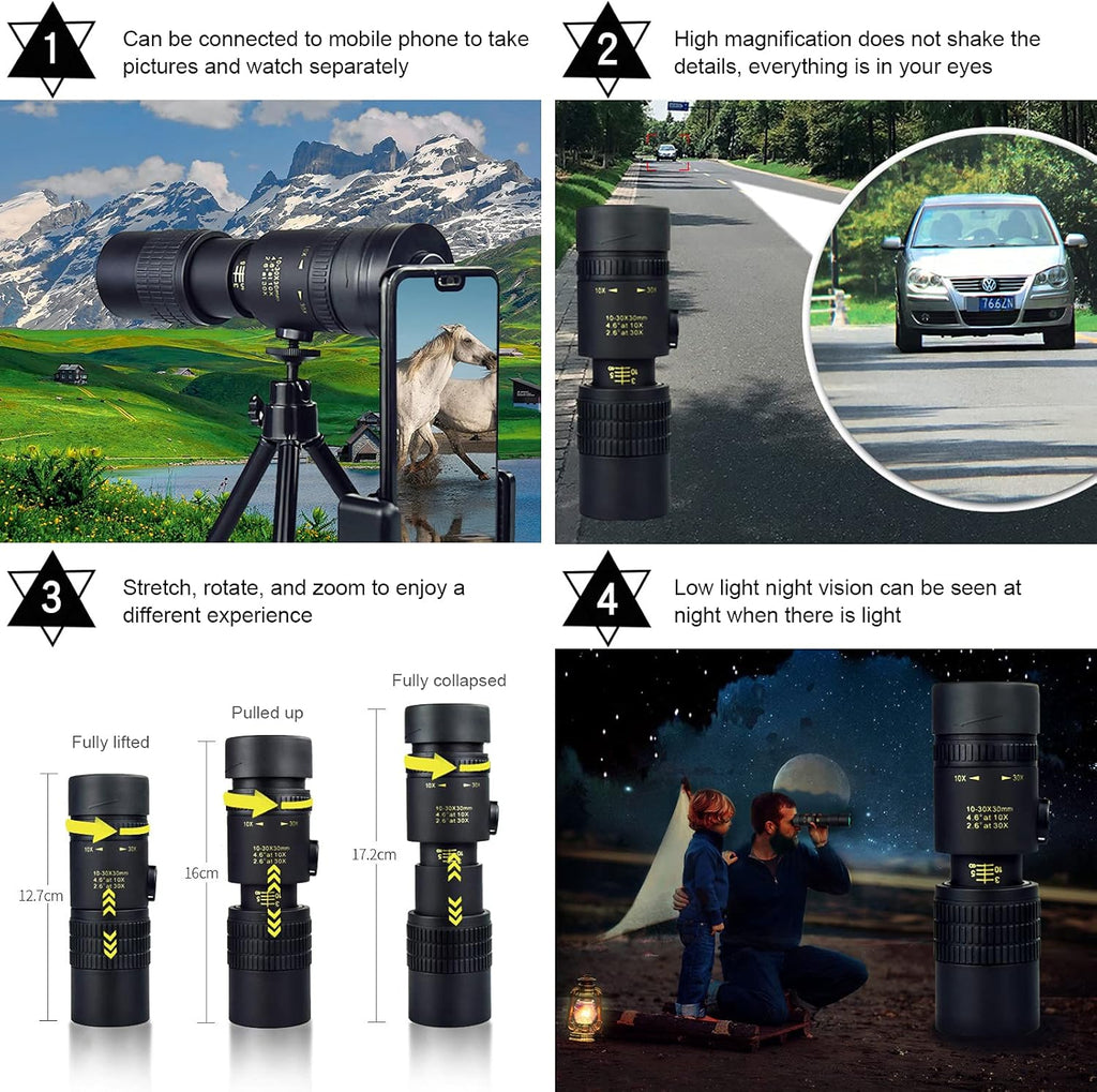 4k 10-300x40mm Super Telephoto Zoom Monocular Telescope with Phone Adapter Tripod E431