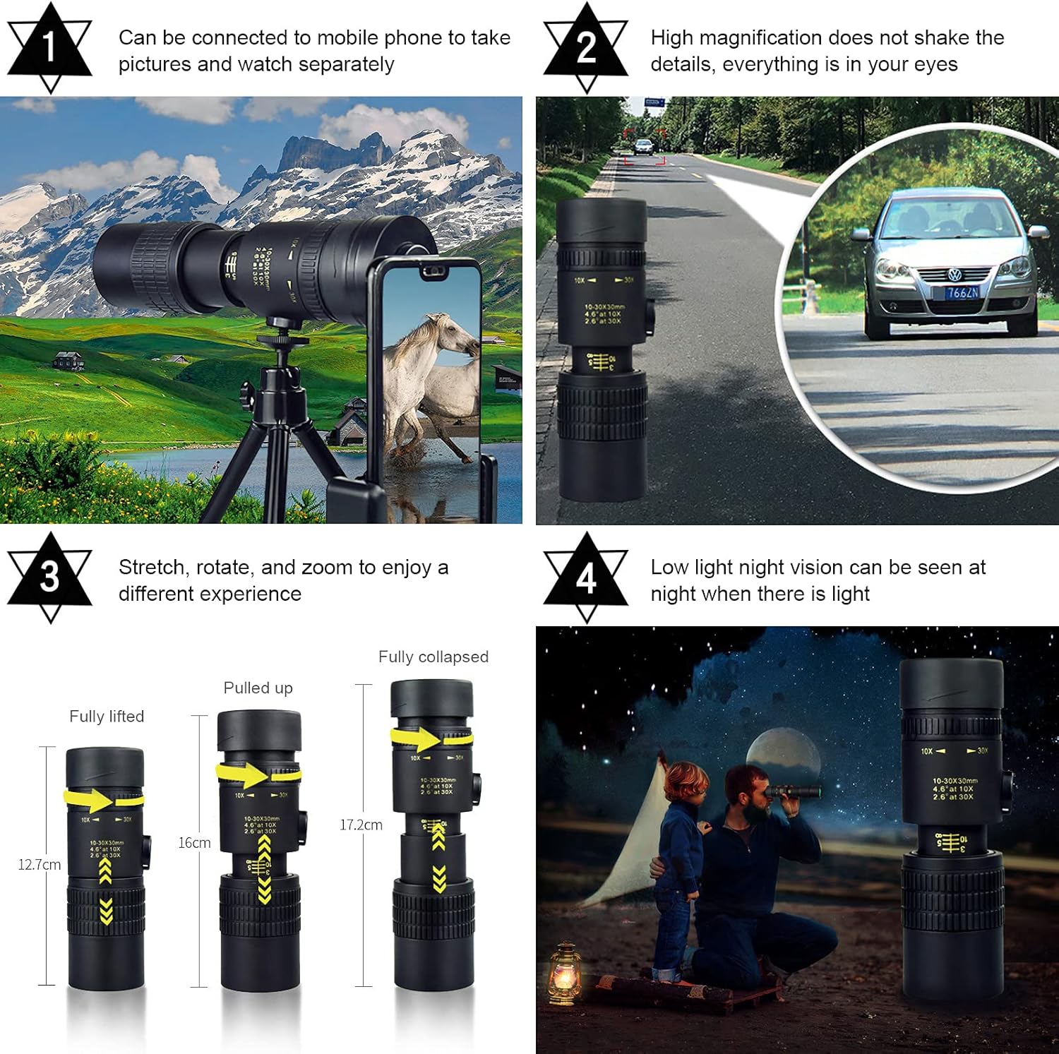 4k 10-300x40mm Super Telephoto Zoom Monocular Telescope with Phone Adapter Tripod E431