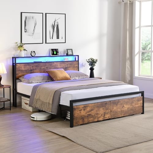 Black Queen Storage Headboard with 2 Drawers Platform Bed D205