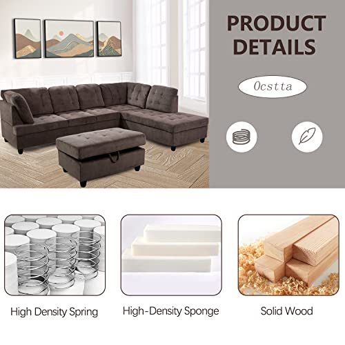 Brown Corduroy L Shaped Sectional Sofa Set with Ottoman M493708