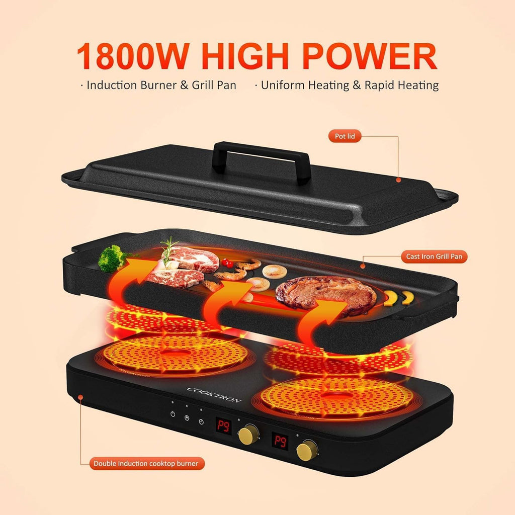 Induction Cooktop 2 Burner with Removable Iron Cast Griddle Pan Non-stick P8548
