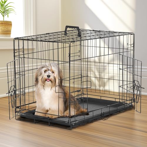 Large 36 Inch Double Door Folding Metal Wire Dog Crate with Divider Panel and Plastic Leak-Proof Pan Tray P323
