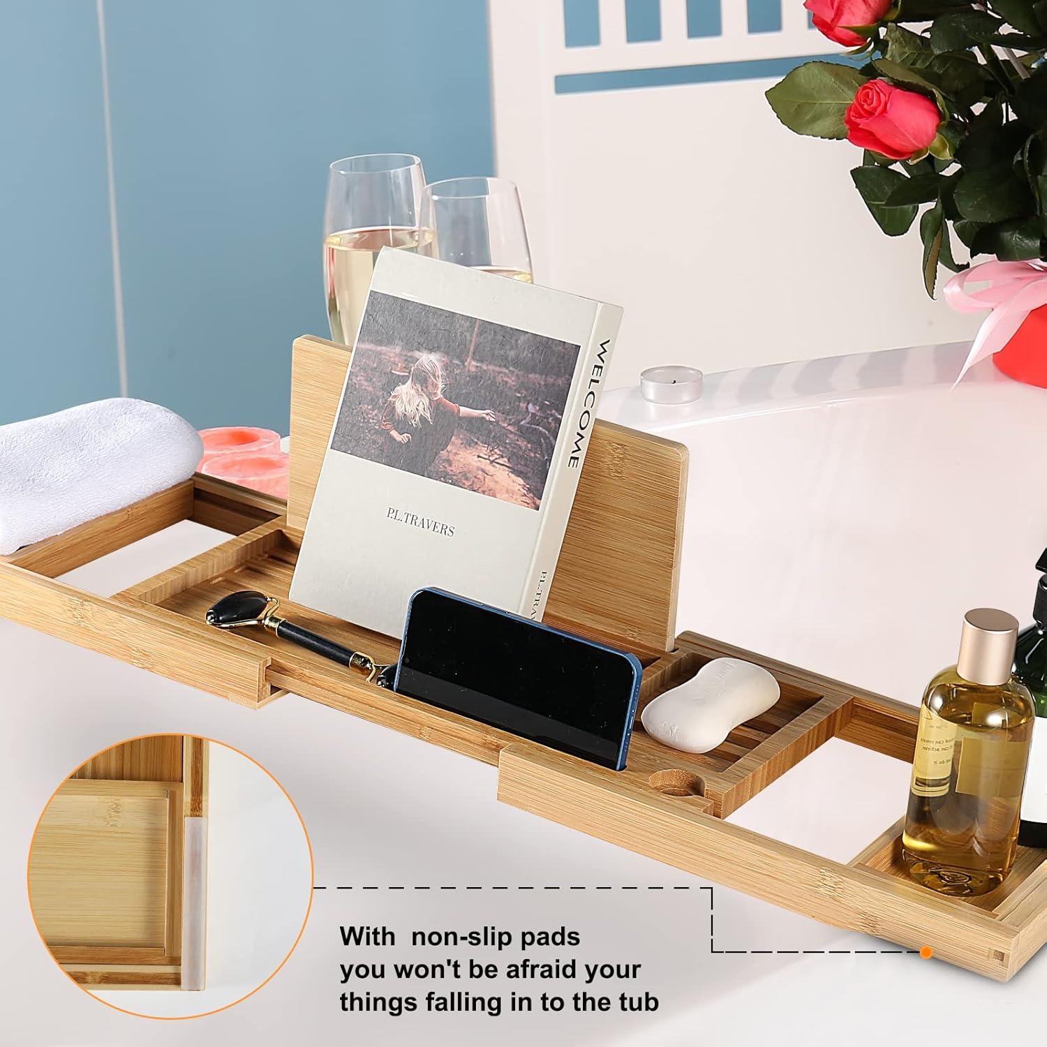 Bamboo Bathtub Caddy Tray with Extending Sides K388679
