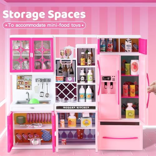 64 PCS Pink Kitchen Toys with Lights Sounds Doll Playset E410646