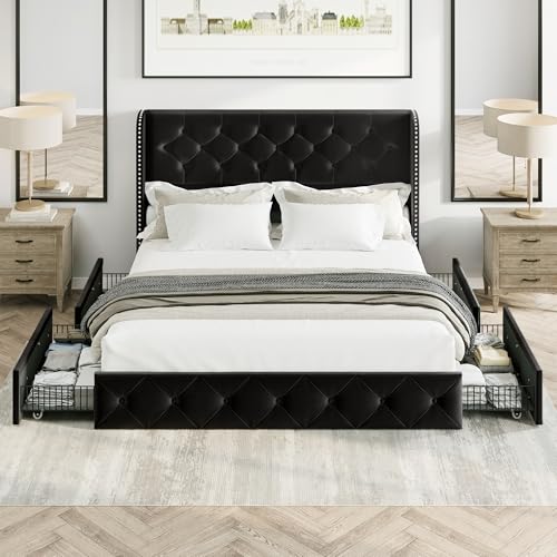 Black Velvet King Size Bed Frame with Storage Drawers and Tufted Headboard W1588