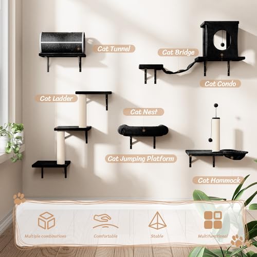 7-in-1 Wall Mounted Cat Climber Set with Cat House, Tunnel, Bridge, Tree, Steps, Scratcher Board and Hammock (Grey) S15306