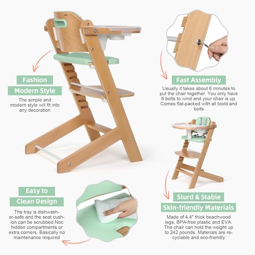 Natural Wooden High Chair with Cushions (Green) E791