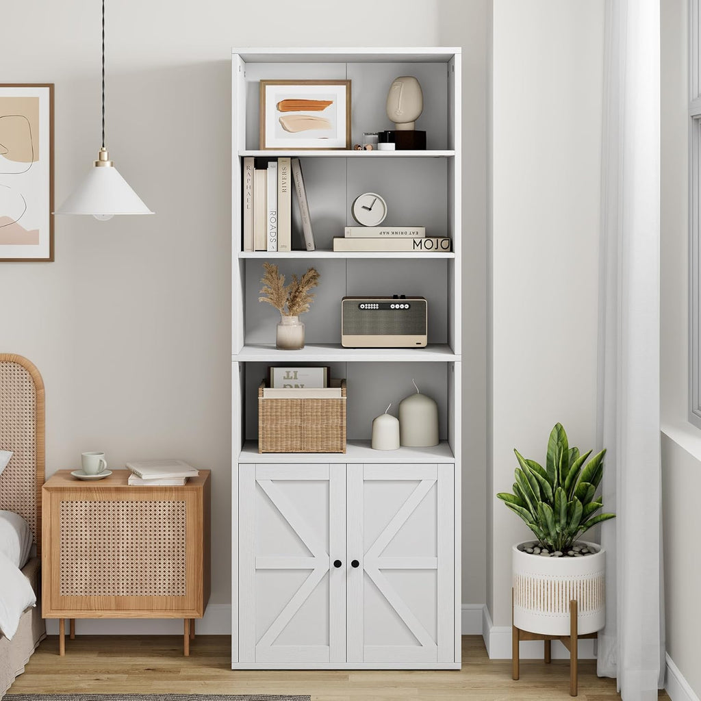White 6 Shelf Wooden Bookcase with Doors Q8169
