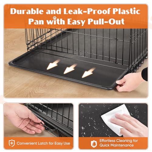 Large 36 Inch Double Door Folding Metal Wire Dog Crate with Divider Panel and Plastic Leak-Proof Pan Tray P323