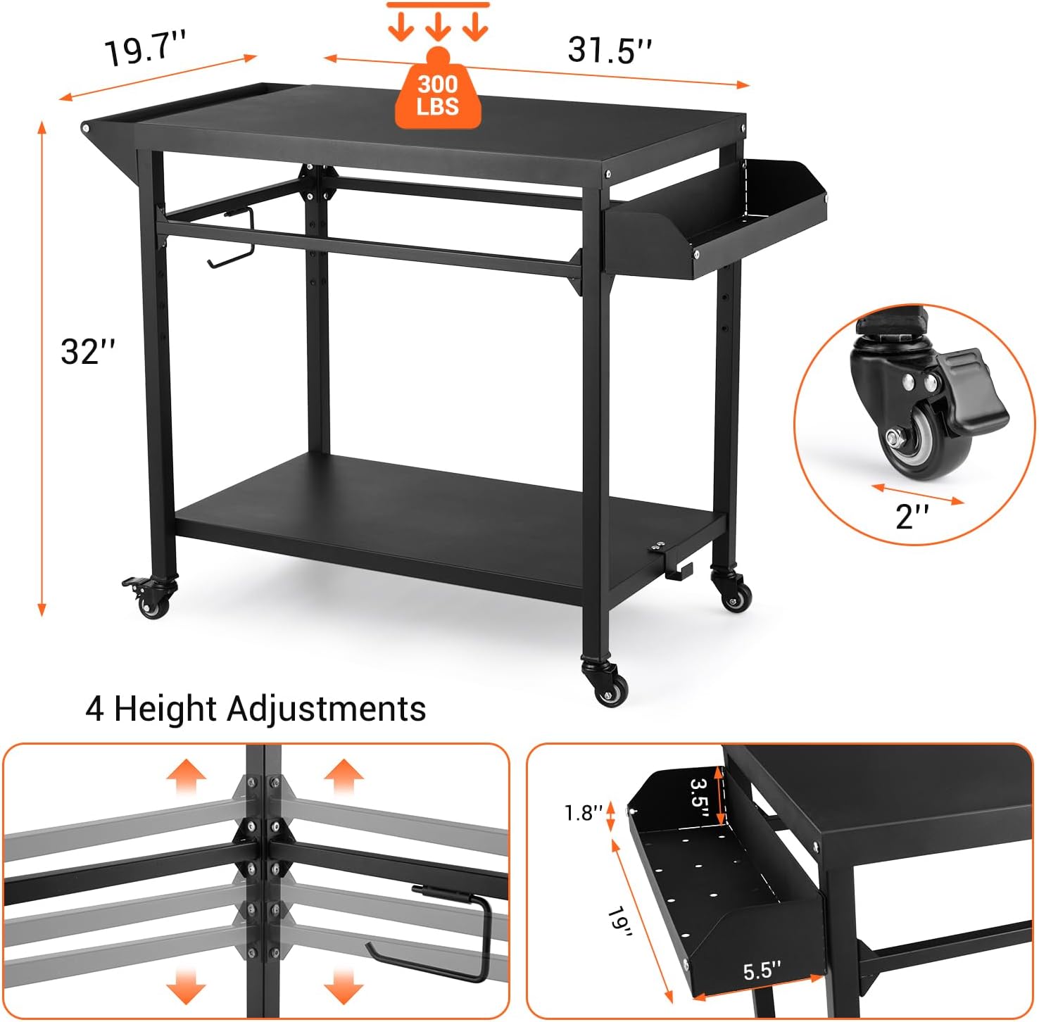Black Outdoor Grill Cart with Lockable Wheels O553