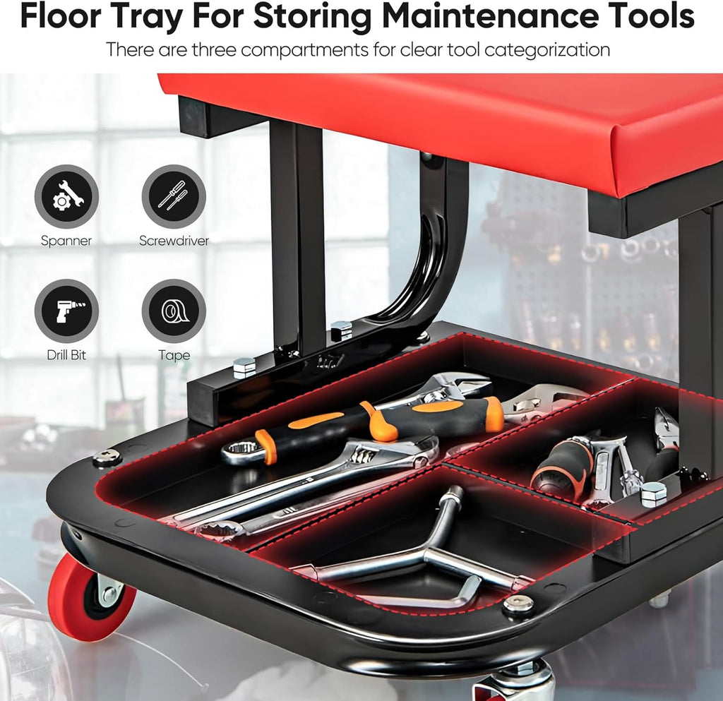 Black/Red Heavy Duty Garage Roller Seat with Tool Tray, 250 LBS Capacity N29587