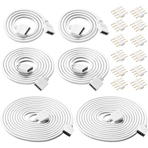 6 Pieces 4 Pin RGB Extension Cable LED Strip Connector Cord Wire Solderless Jumper Cables Kit with 12 Pieces Pin Connector for 5050 3528 RGB LED Strip Light (Black, 1.6 FT, 3.3 FT, 6.6 FT) E163