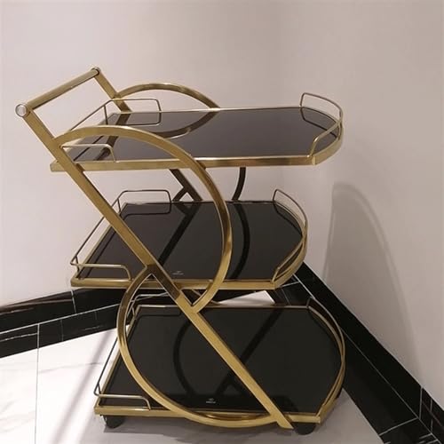 3 Tiers Rolling Bar Cart with Marble Glass and Metal Frame Gold Q4282