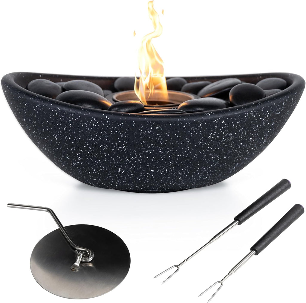 Black Concrete Table Top Firepit Bowl 11" with Extendable Skewers R458