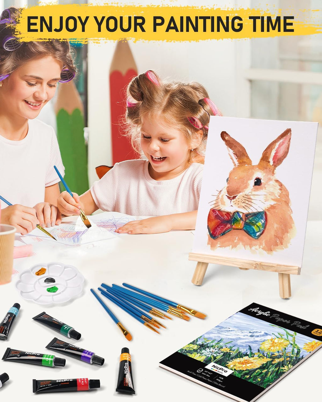 65PCS Acrylic Paint Canvas Set with 12 Colors, 30 Paint Brushes, 5 Canvas, Wood Easel, 3 Palette, A5 Paper Pad J642792