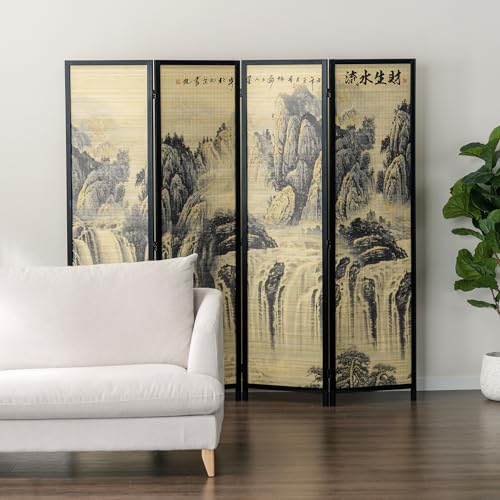 4-Panel Folding Bamboo Room Divider with Beige Wood Frame E974