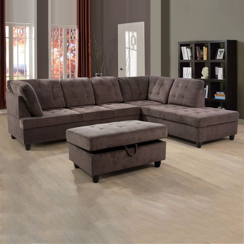 Brown Corduroy L Shaped Sectional Sofa Set with Ottoman M493708