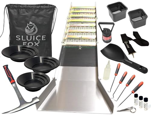 Gold Mining Kit; 50 inch Gold Sluice Box; Gold Prospecting Equipment; Rock Pick Hammer; Gold Classifiers; Pay Dirt Scoop; Crevice Tools Y585774