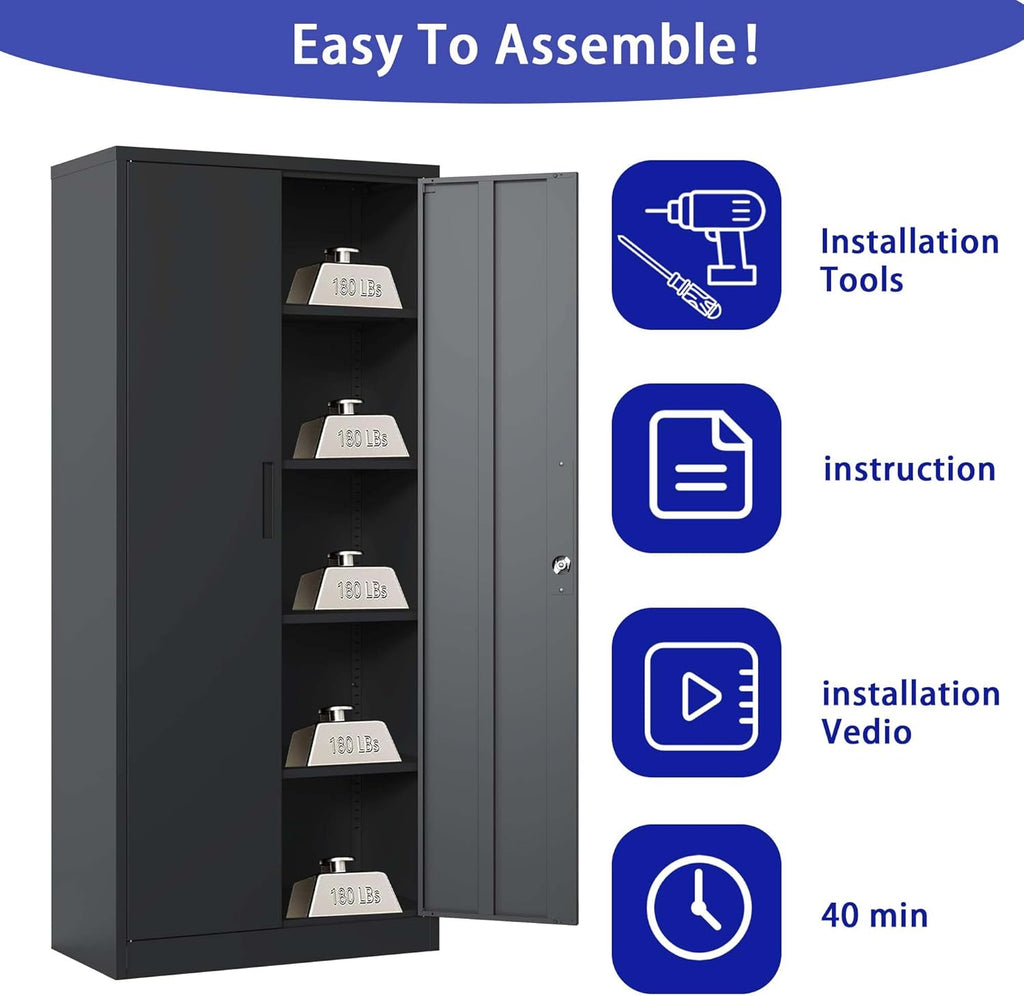 71" H Metal Garage Storage Cabinet with Doors and 4 Shelves L390