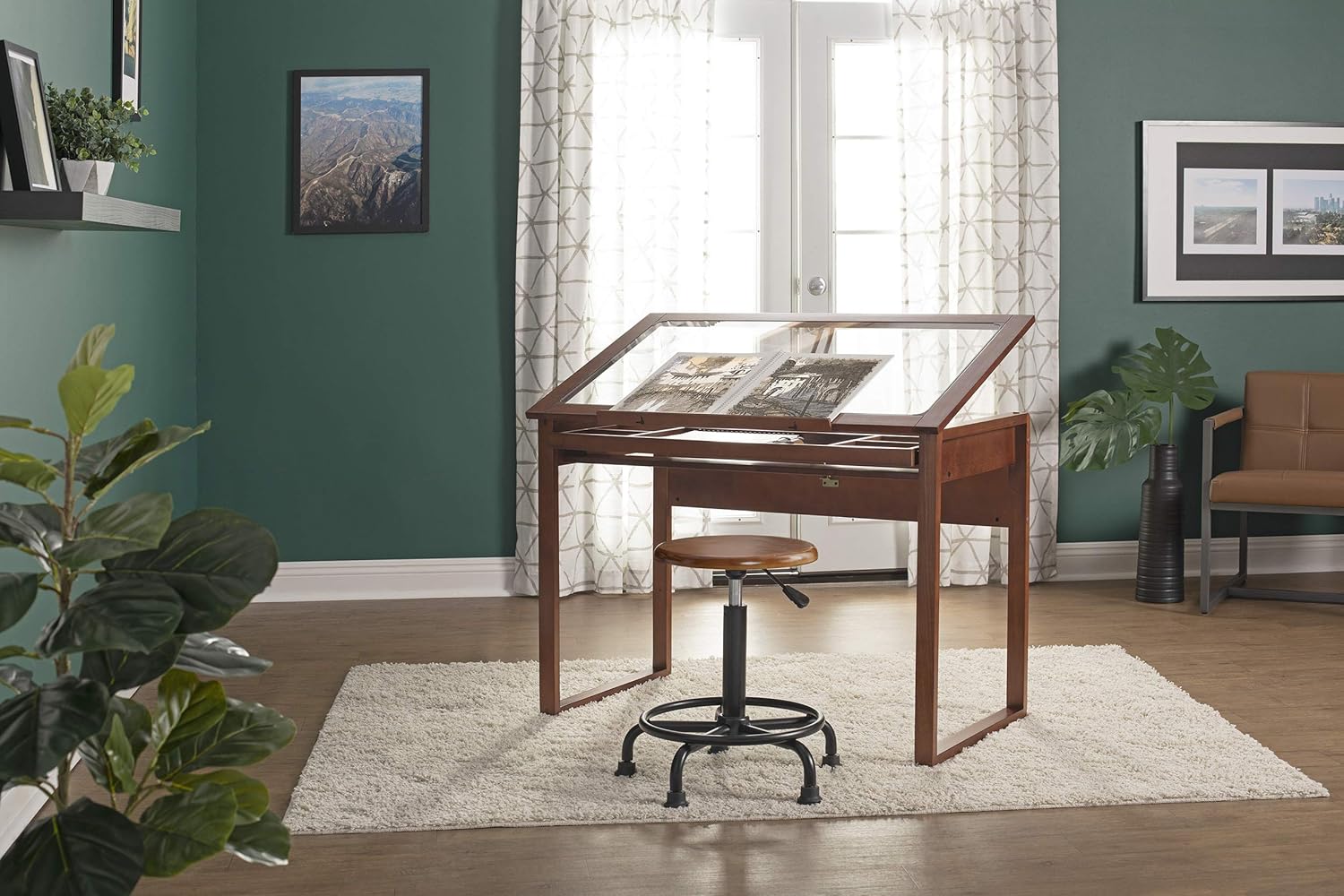 Vintage Drafting Table with Stool Bundle Solid Wood Craft Tables Q315718