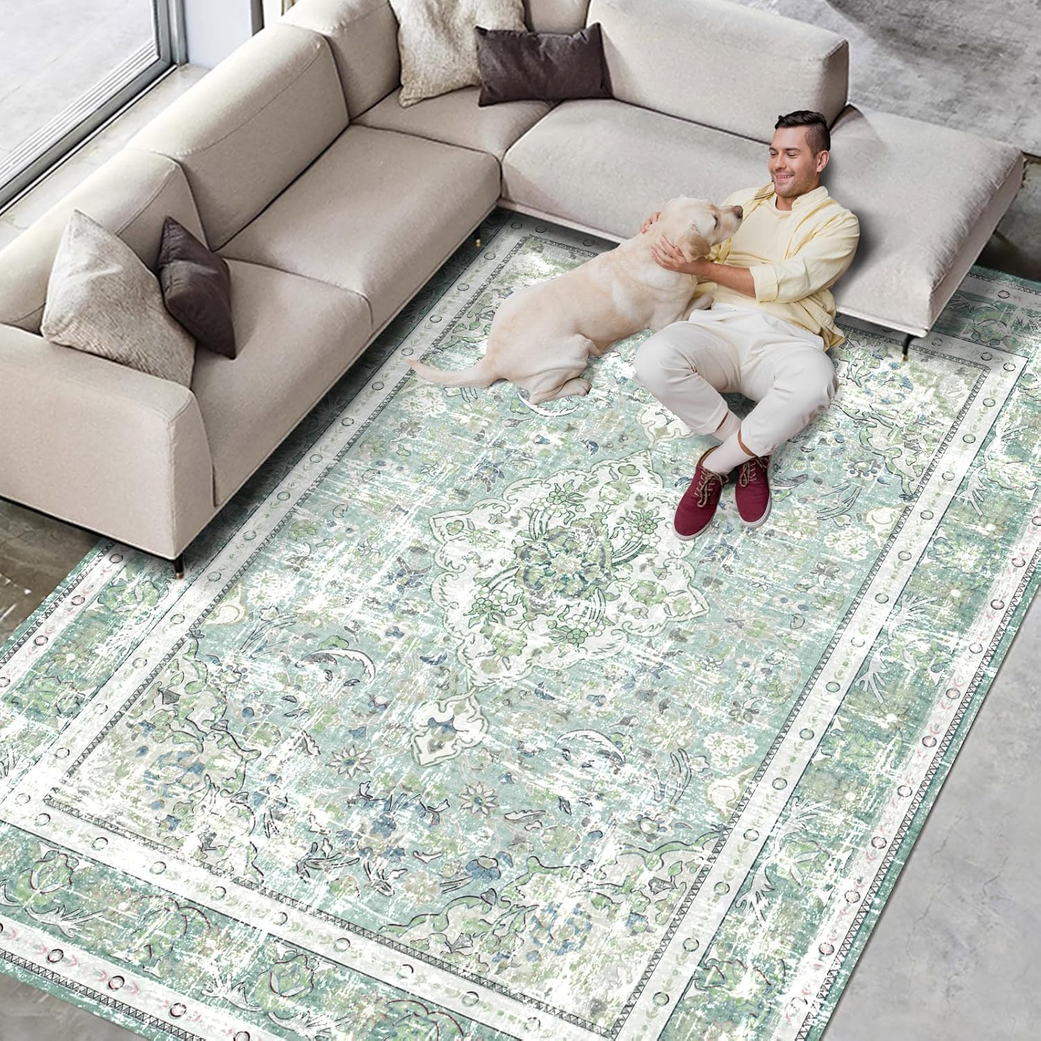 Sage Green 5×7 Washable Area Rug U98379