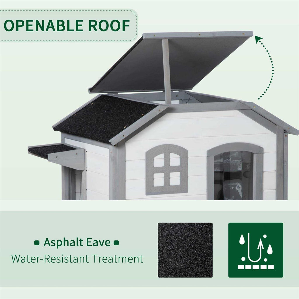 Wooden 2-Story Outdoor Cat House with Escape Door and Openable Roof Platforms V7767