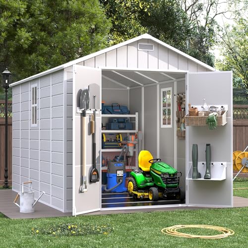 Grey White Resin Outdoor Storage Shed with Floor W8697