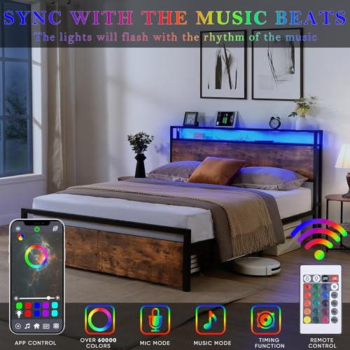Black Queen Storage Headboard with 2 Drawers Platform Bed D205