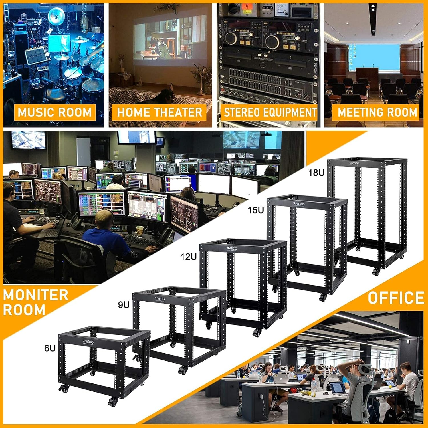 9U Open Frame Server Rack with Casters Black Q82983