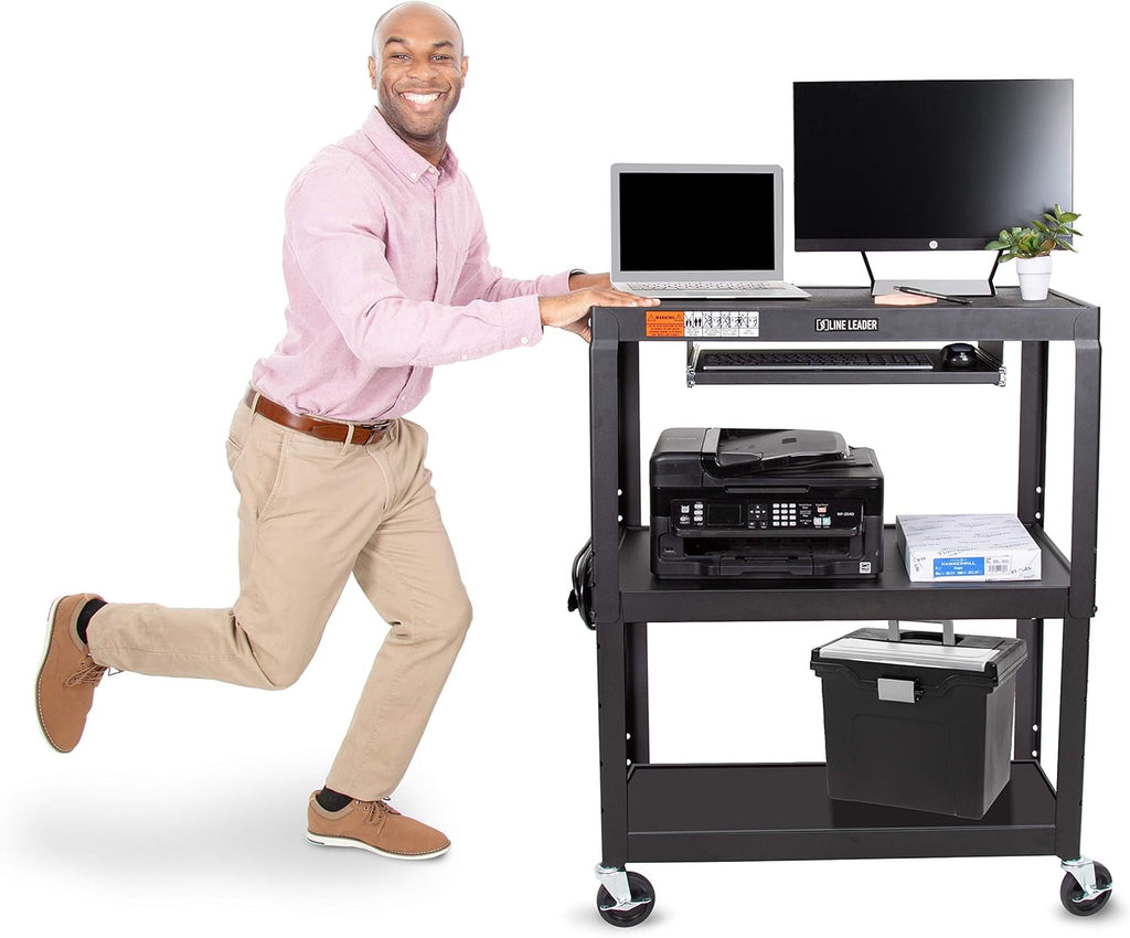 Large AV Cart with Retractable Keyboard Tray Height Adjustable Utility Cart Black 34in x 18in x 42in F128211