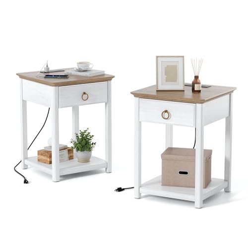 White Solid Wood Square End Table with Drawer A60423